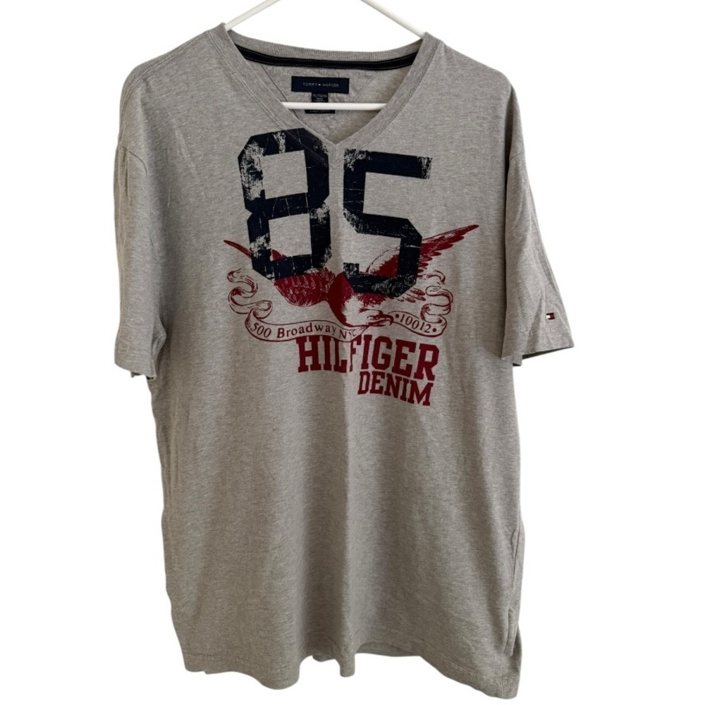 Tommy Hilfiger Vintage Denim 85 Graphic V Neck TShirt Gray XL Y2K